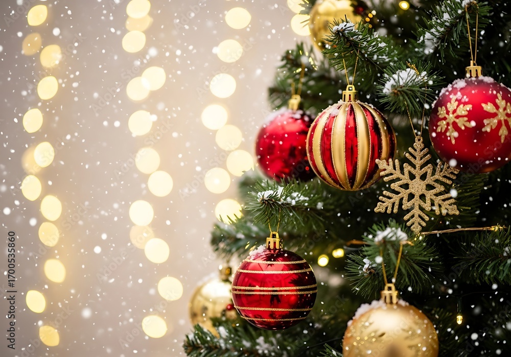 Fototapeta premium Closeup of a decorated christmas tree with bokeh lights and snow