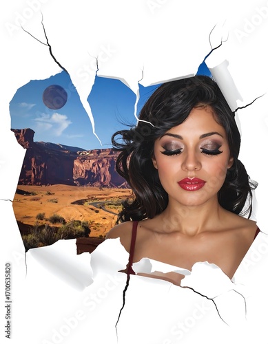A captivating woman's serene face emerges from a backdrop of a vibrant desert landscape, showcasing a surreal composite image.