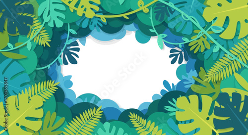 Lush Tropical Foliage Frame Background with Green Jungle Leaves