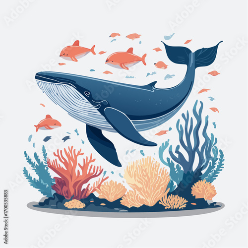 Funny whale diving together in the clear ocean with clean inveronment. Animal conservation concept