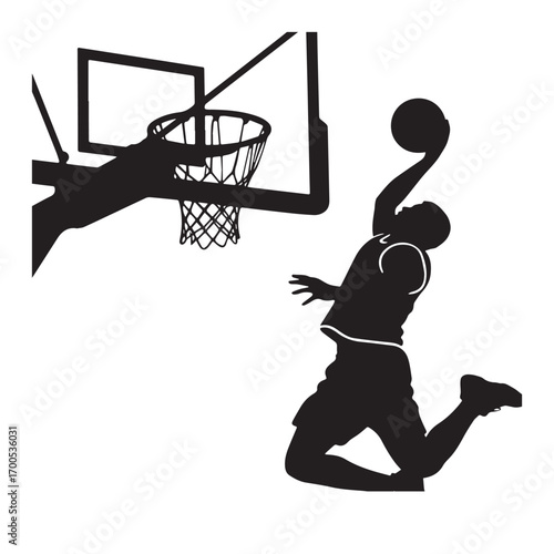  Silhouette of a man playing basketball against a white background. 