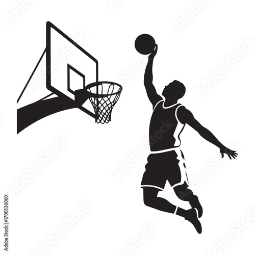  Silhouette of a man playing basketball against a white background. 