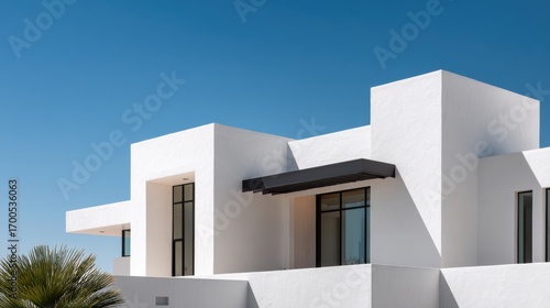 Beautiful photo of modern minimalist house exterior features sleek black metal roof, crisp white stucco walls under clear blue sky. Minimalist architecture with clean lines.