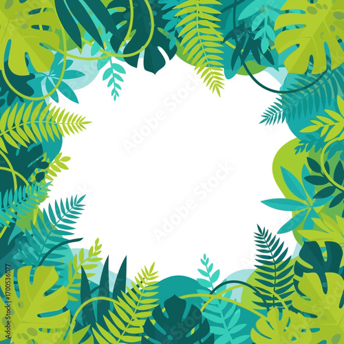 Frame of lush green tropical jungle leaves on a white background