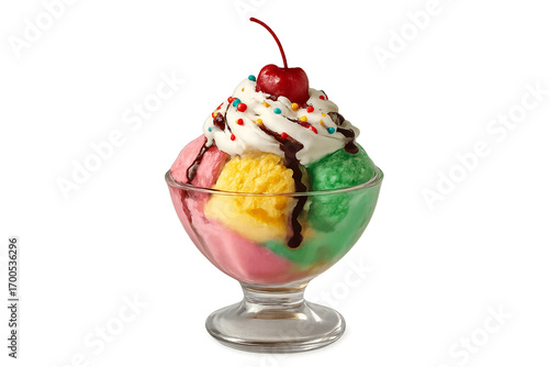 Colorful Ice-Cream Sundae with Whipped Cream, Chocolate Syrup, Sprinkles, and Cherry Isolated Transparent PNG
