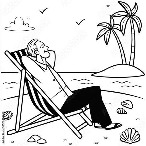 Senior man sitting in a sun lounger at the seaside