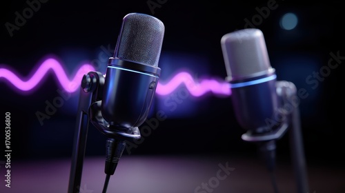 podcast studio with holographic audio waves, modern microphones, AI assistant managing recording