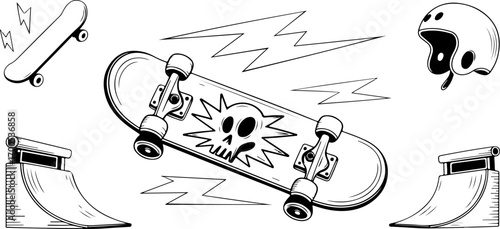 Black and white illustration of a skateboard with a skull design, helmet, and ramps, isolated on white background