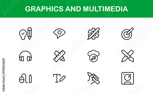 Minimal multimedia and graphics icons for digital creativity. Perfect for websites, apps, and branding with professional, clean, and modern visuals.