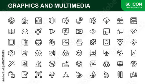 Linear graphics and multimedia icons for creative projects. Enhance branding, apps, and professional presentations with premium and modern visuals.