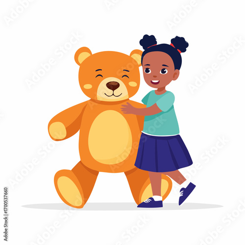 Adorable small child happily hugging a large teddy bear tightly, looking secure at his shoulder. Child comfortable protection concept