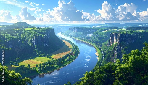 A sweeping vista showcases a winding river flowing through lush green valleys and dramatic rock formations, bathed in bright sunlight.