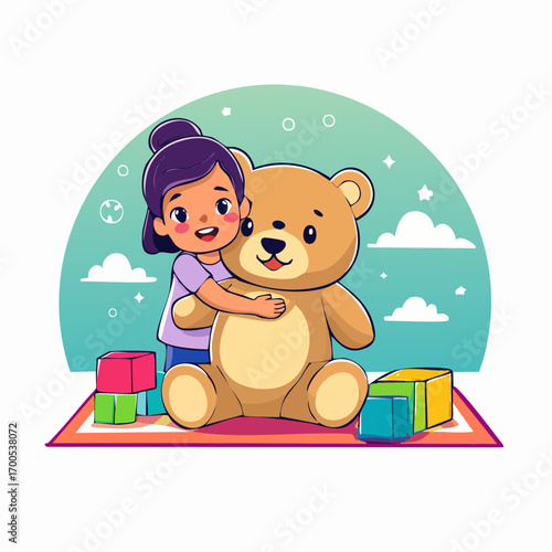 Adorable small child happily hugging a large teddy bear tightly, looking secure at his shoulder. Child comfortable protection concept