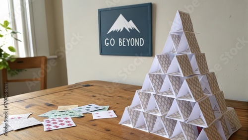 Creative Card Pyramid Structure on Wooden Table with Wall Art