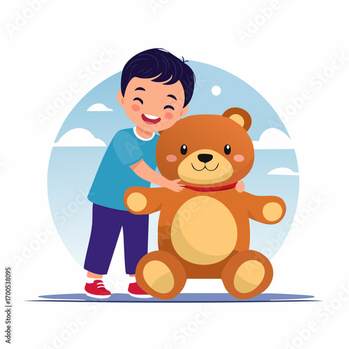 Adorable small child happily hugging a large teddy bear tightly, looking secure at his shoulder. Child comfortable protection concept