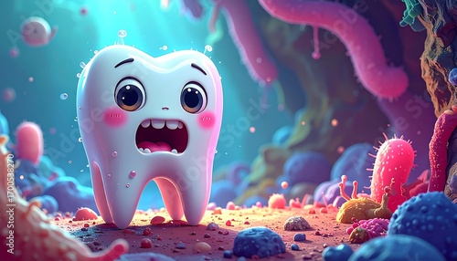 A cartoon tooth, distressed by microorganisms, is portrayed in a vibrant, colorful scene, highlighting the battle against oral bacteria.
