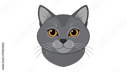 A charming gray cat's head, depicted in a simple, flat design, is featured against a pure white backdrop.