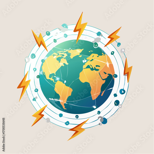 Stylized globe encircled by interconnected electrical circuits and internet connection aroun the world