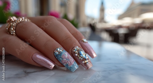 Close-up of a hand with ornate, bejeweled acrylic nails, ring, and blurred outdoor background