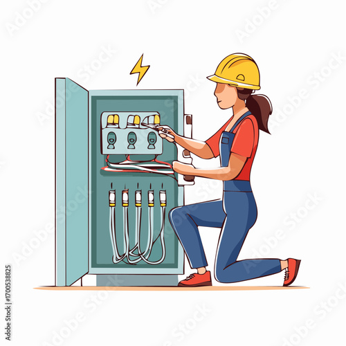 Electrical technician wearing yellow safety helmet, working on an open electrical fuse box for maintenance check