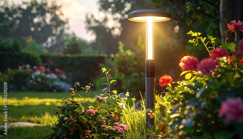 A modern garden lamp illuminates a vibrant flowerbed at twilight.