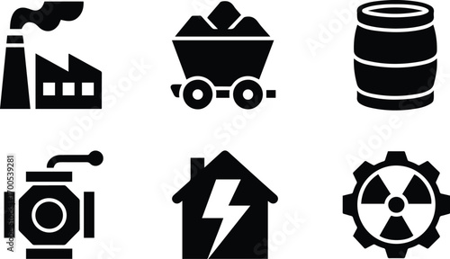 Industry, Manufacturing, and Energy Production Icons Set.