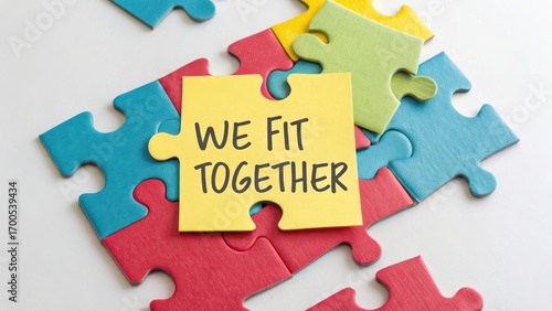 Colorful Puzzle Pieces with Inspirational Note on Collaboration