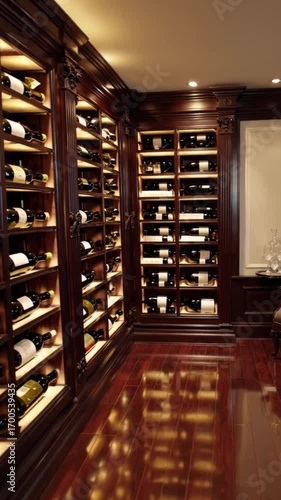 A wine cellar with many bottles of wine on shelves