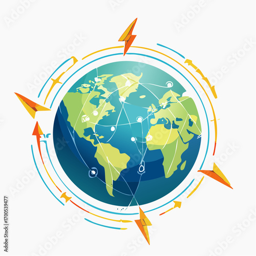 Stylized globe encircled by interconnected electrical circuits and internet connection aroun the world