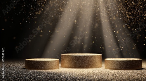 Three gold glitter podiums under a spotlight, against a dark background