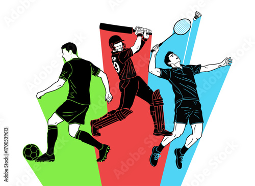 Sport in Motion: Energetic silhouettes of a soccer player, cricket batsman, and badminton player are in dynamic action, each representing the spirit of athleticism, vigor, and competition.