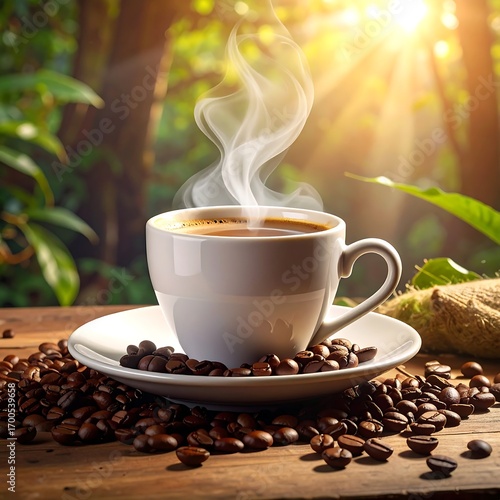 A steaming cup of coffee sits amidst coffee beans on a wooden table, bathed in natural sunlight, evoking a peaceful and invigorating morning atmosphere.