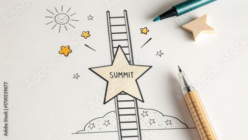 Creative Concept of Climbing to a Summit with Ladders and Stars