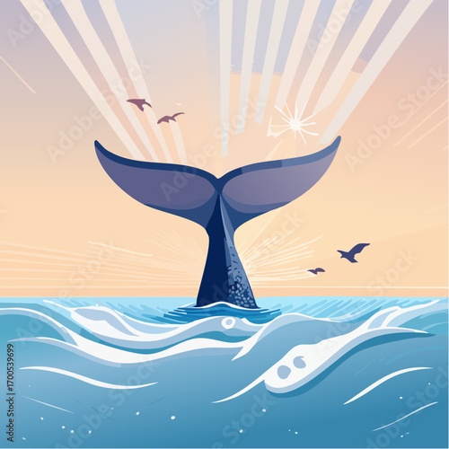 Whale's powerful tail flukes gracefully disappearing beneath the ocean with sunset background
