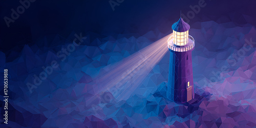 Low poly purple lighthouse casting light over abstract ocean