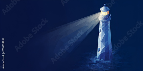 Polygonal lighthouse illuminating the ocean with strong beams