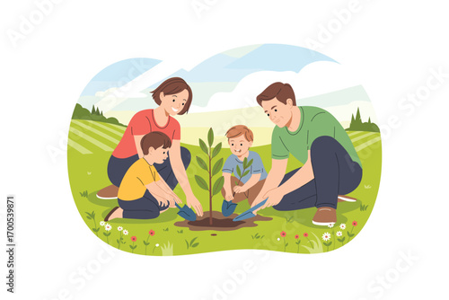 Family Planting a Tree Together: A heartwarming illustration of a family bonding while planting a tree, emphasizing togetherness, environmental awareness, and sustainable living.