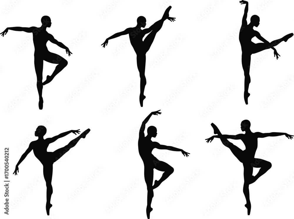 Fototapeta premium Ballet dancer silhouette set featuring graceful poses, extended limbs, and expressive gestures for dance design, education, and merch