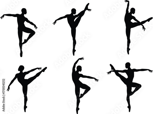 Ballet dancer silhouette set featuring graceful poses, extended limbs, and expressive gestures for dance design, education, and merch