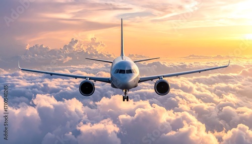 A commercial airplane soars through a breathtaking sunset sky, filled with fluffy clouds.