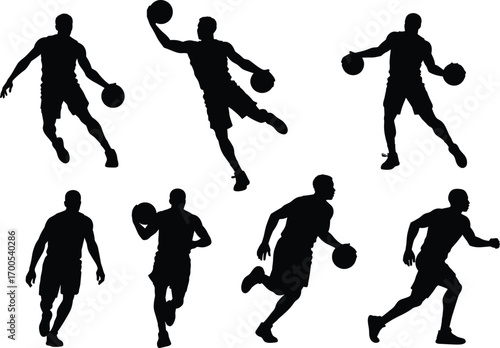 Basketball player silhouette set featuring dribbling, running, and shooting poses for sports design, training materials, and athletic merch