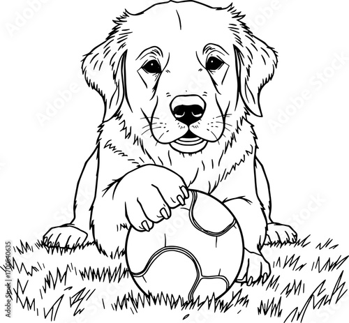 Golden Retriever puppy playing with soccer ball line art illustration