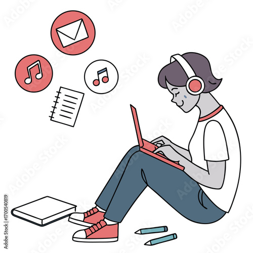 Person with headphones using laptop surrounded by music and mail icons