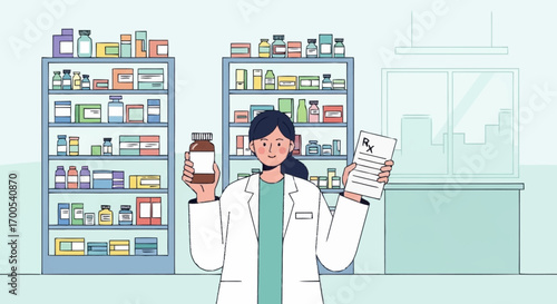 Professional female pharmacist standing in a modern drugstore, holding a prescription slip and a bottle of medication