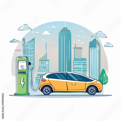 Electric Vehicle Charging Station against Cityscape. Electric car charging station. Electricity eco new technology for future.