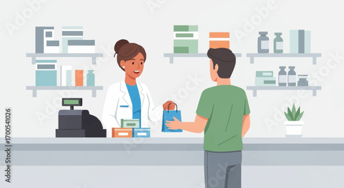 Pharmacist giving prescription medication to a customer at the pharmacy counter. Healthcare and medical service illustration