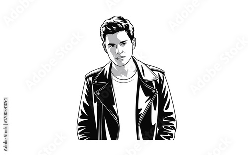 Stylish Man in Leather Jacket: A Bold Black and White Illustration of Masculine Fashion and Attitude with Vector Art