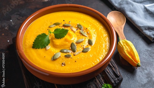 A vibrant bowl of creamy pumpkin soup, garnished with pumpkin seeds and fresh herbs, sits on a dark surface.