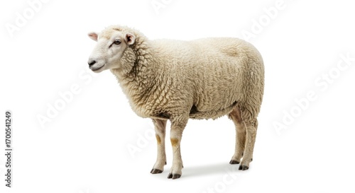A fluffy white sheep stands on a white background looking to the left
