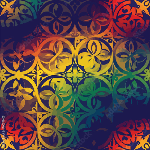 Abstract circular pattern featuring vibrant rainbow colors and floral designs, patern seamless, Stock royalty free.